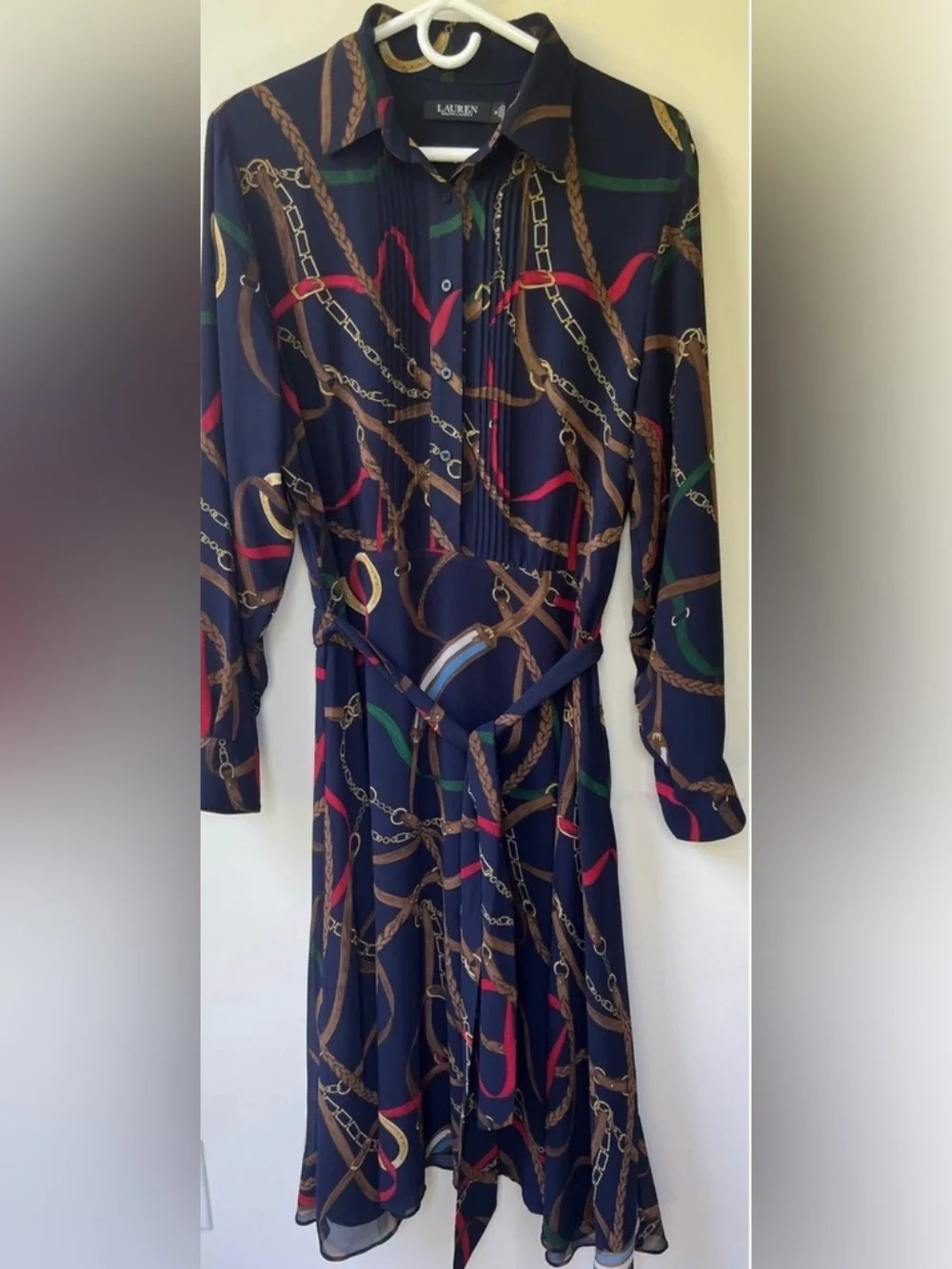Ralph Lauren Navy Chain-Print Long Sleeve Shirt Dress - Picture 1 of 4
